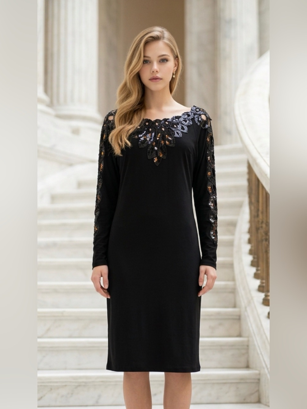 cleo Black Long Sleeve Embellished Cocktail Dress